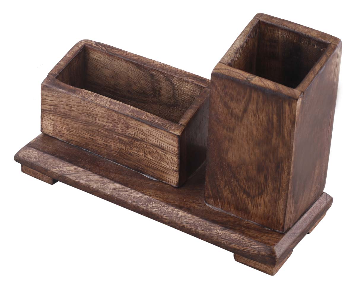Bulk Wholesale Pen-Holder cum Business Holder in Wood - 7” Handcrafted Rustic-Look Desk Accessories from India - Home/Office Decor