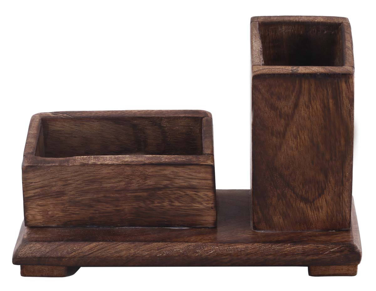 Bulk Wholesale Pen-Holder cum Business Holder in Wood - 7” Handcrafted Rustic-Look Desk Accessories from India - Home/Office Decor