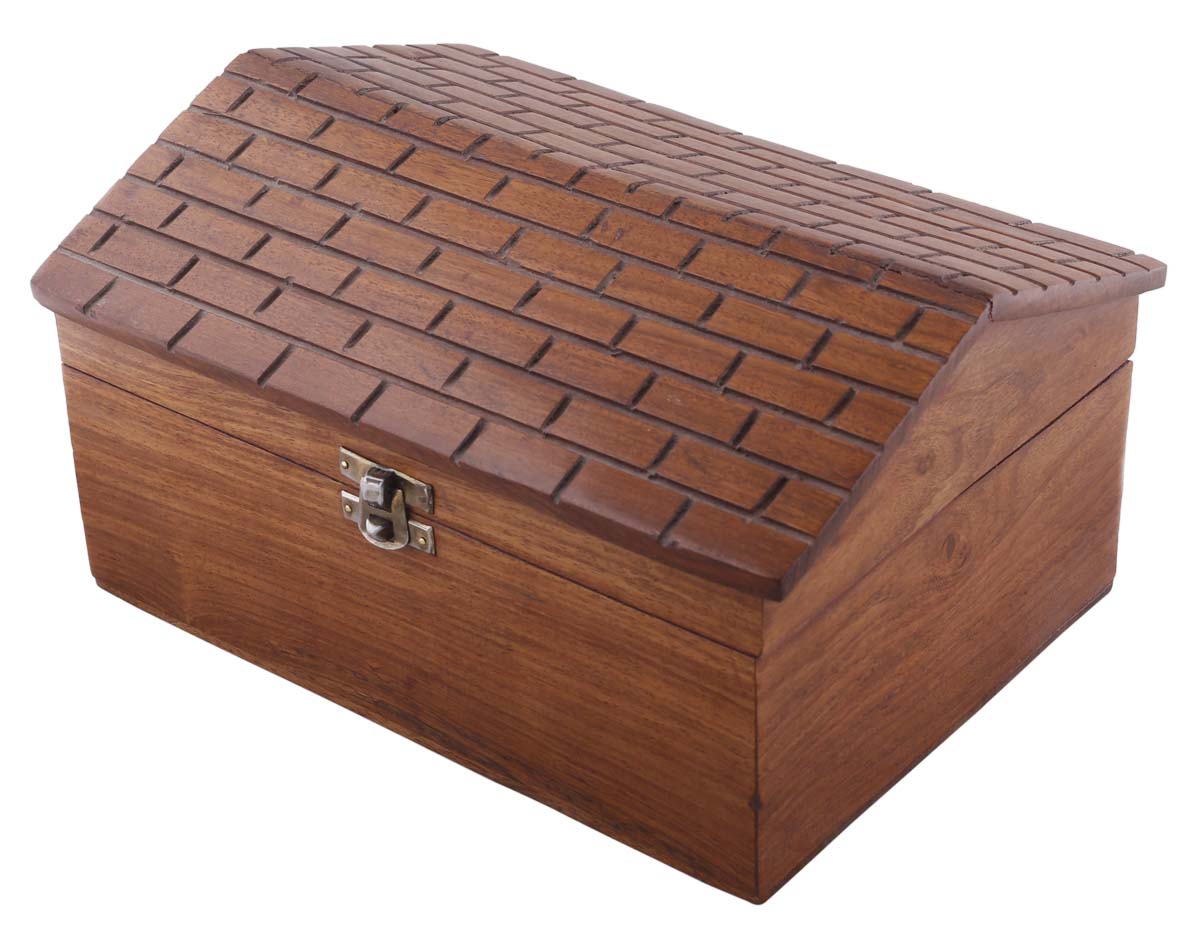 Bulk Buy 9.5x6.8” Wooden Jewelry Box - Wholesale Hand-Carved Hut-Shaped Jewelry Box/Trinket Box with Metal Lock from India
