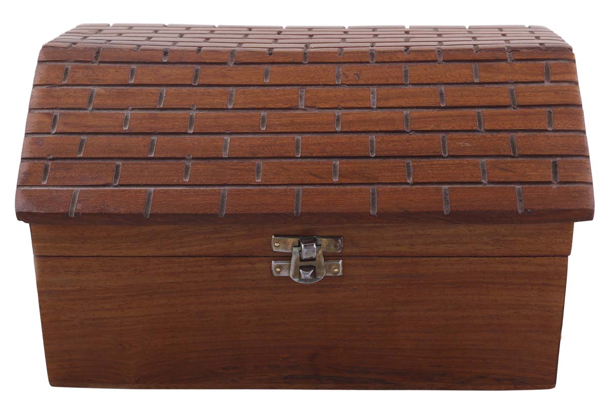 Bulk Buy 9.5x6.8” Wooden Jewelry Box - Wholesale Hand-Carved Hut-Shaped Jewelry Box/Trinket Box with Metal Lock from India