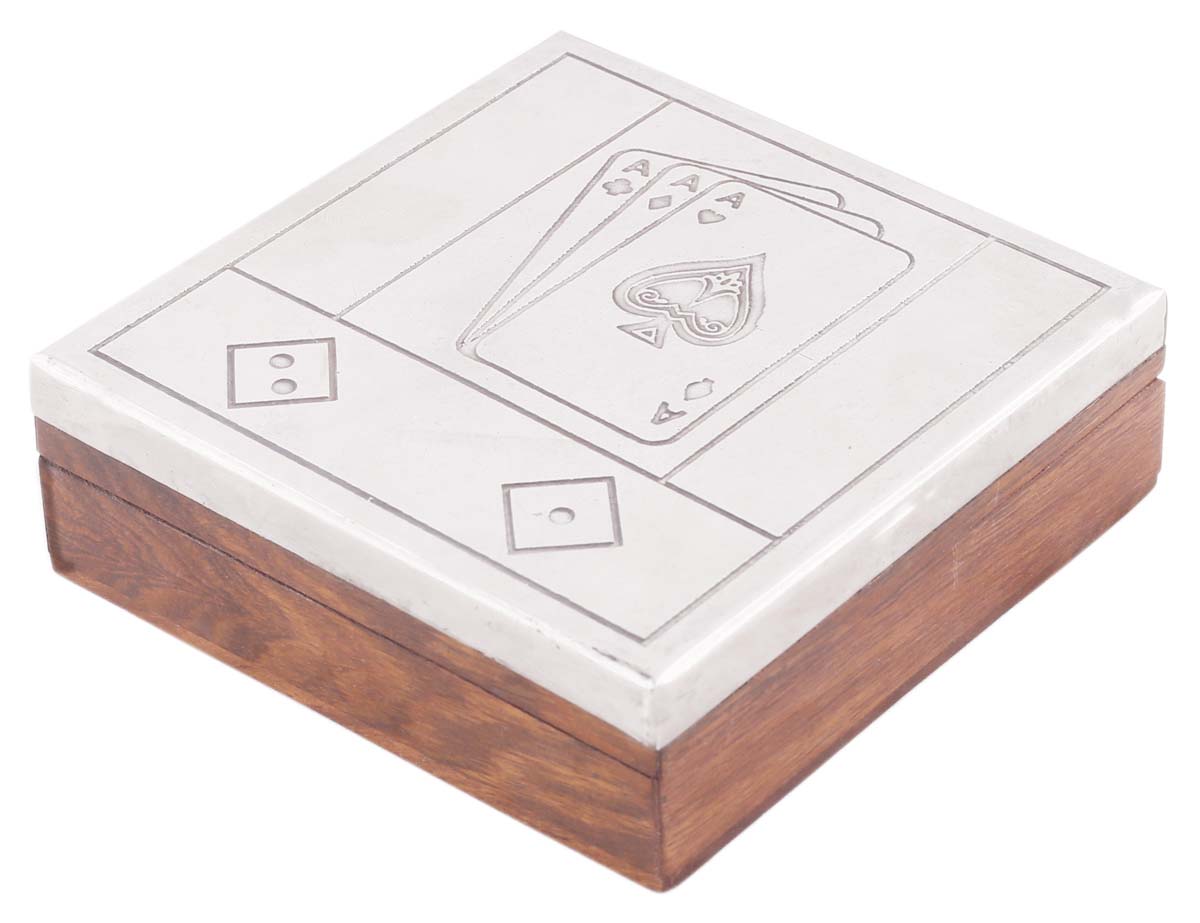Wholesale 4.5” Wooden Playing Cards & Dice Box - Wood With White Metal Sheet Plated On Lid - Bulk Buy Handcrafted Game & Card Storage Box With 5 Dice - Toys & Games/Gifts from India