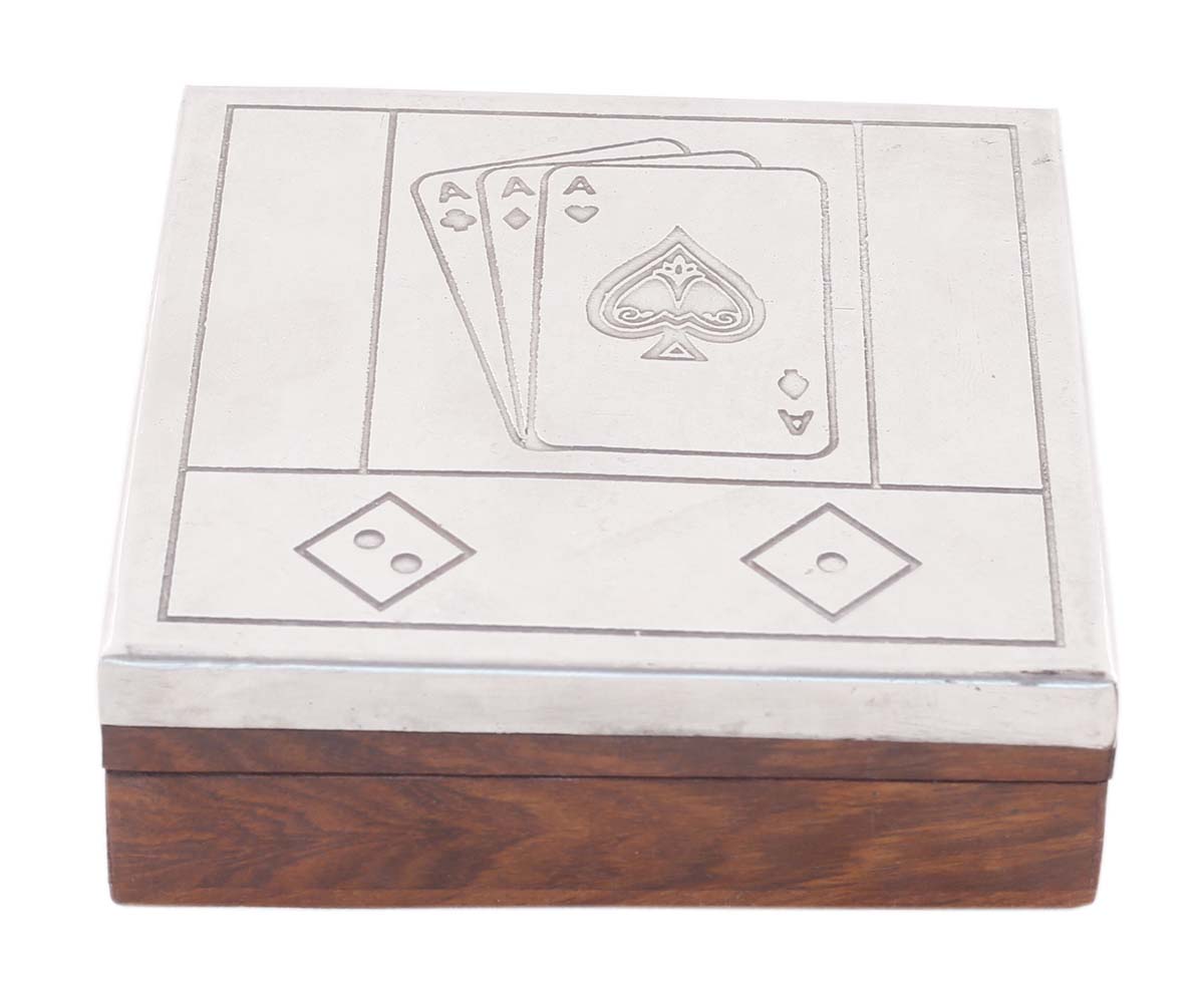 Wholesale 4.5” Wooden Playing Cards & Dice Box - Wood With White Metal Sheet Plated On Lid - Bulk Buy Handcrafted Game & Card Storage Box With 5 Dice - Toys & Games/Gifts from India