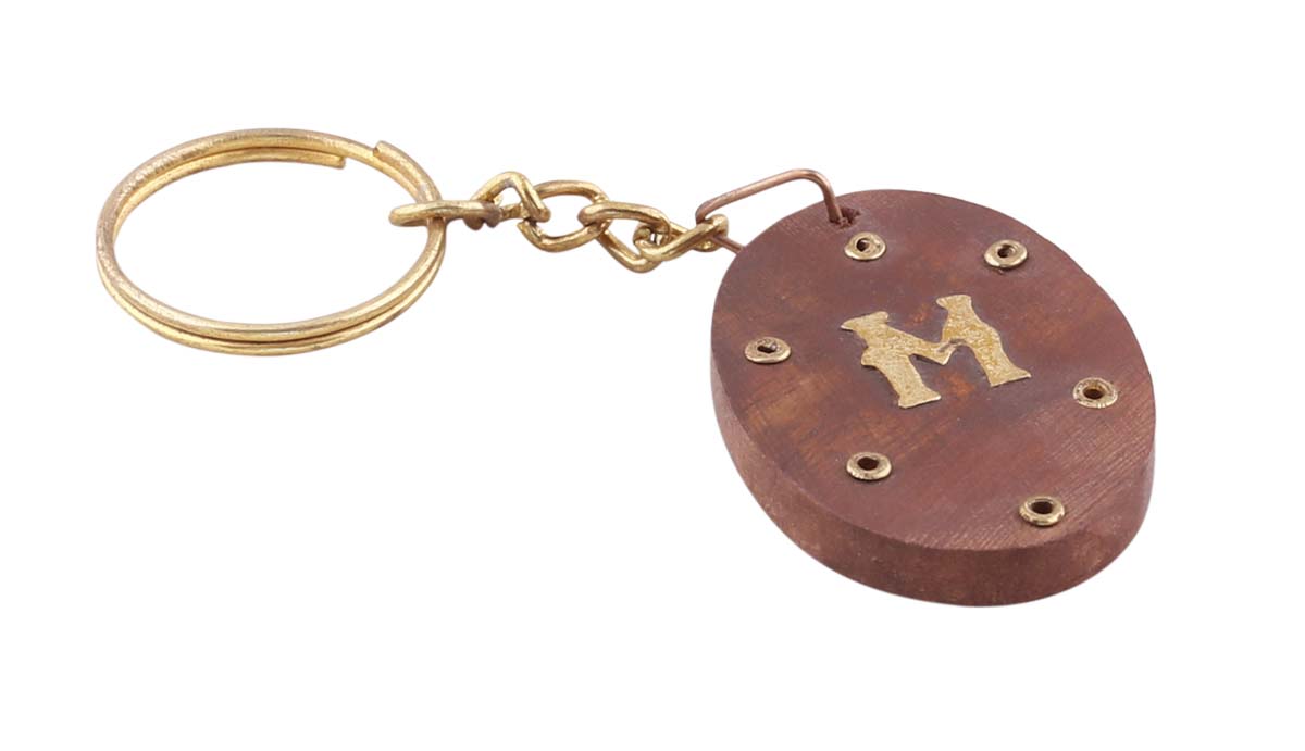 Bulk Wholesale ‘M’ Key-Ring in Wood - 4” Handcrafted Key-Chain with Brass Engraving - Daily Essentials/Gifts from India