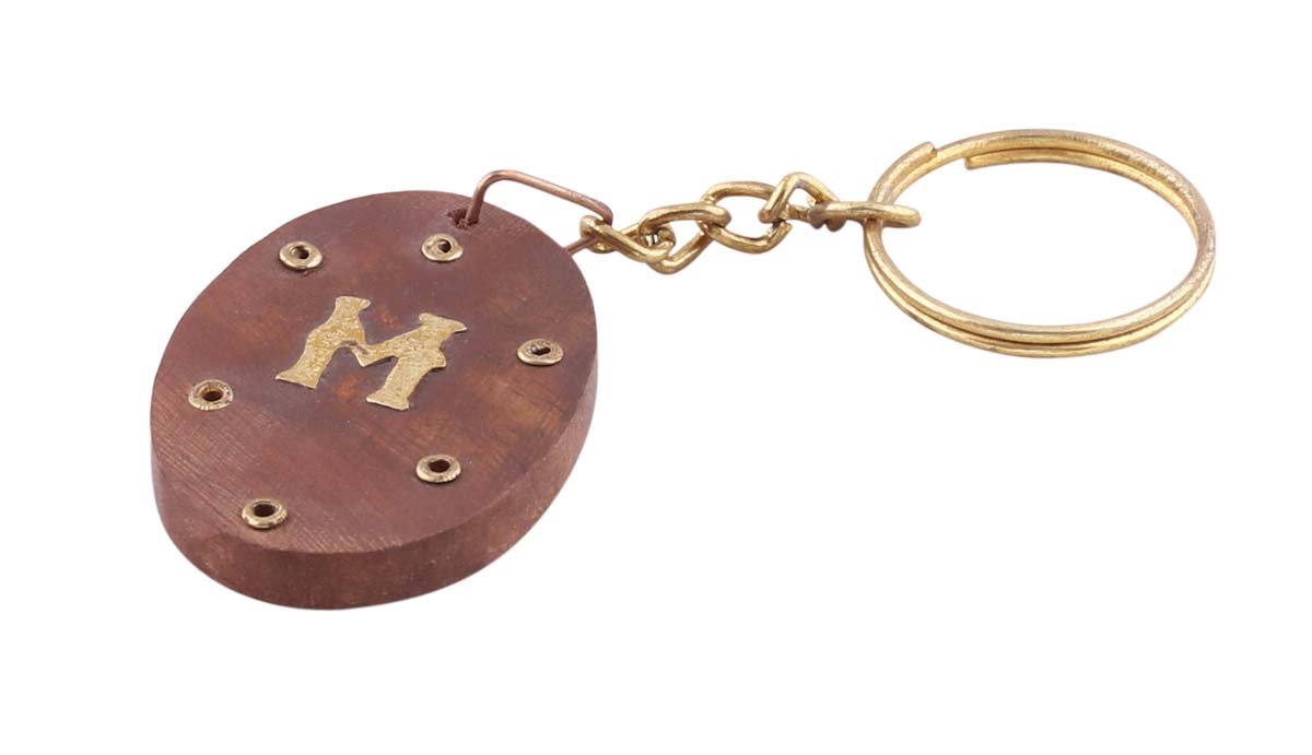 Bulk Wholesale ‘M’ Key-Ring in Wood - 4” Handcrafted Key-Chain with Brass Engraving - Daily Essentials/Gifts from India