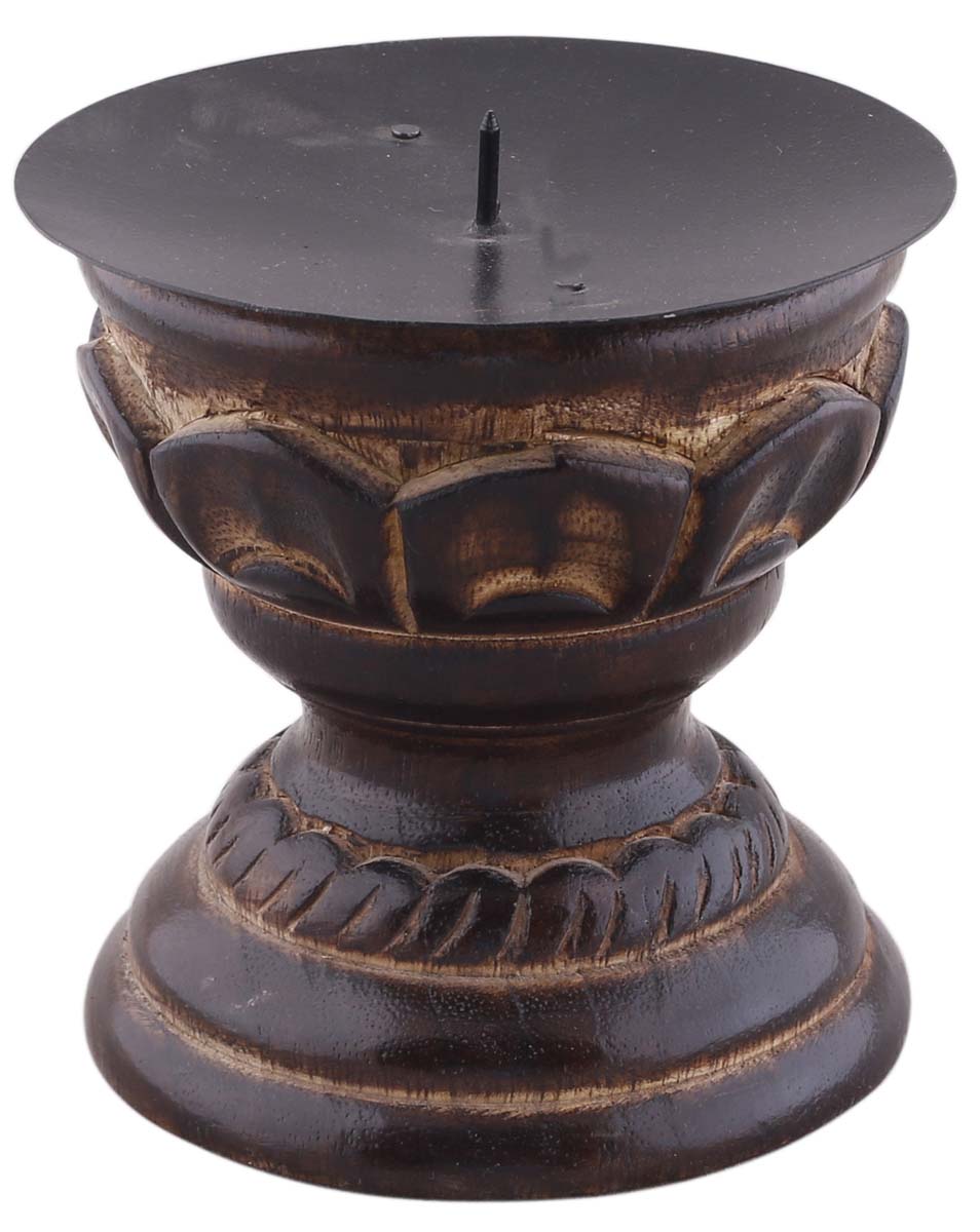 Bulk Wholesale Pillar Candle Holder in Wood – 4” Hand-Carved Tea-Light / Votive Stand in Burnished Finish – Colonial-World Inspired Home Décor from India