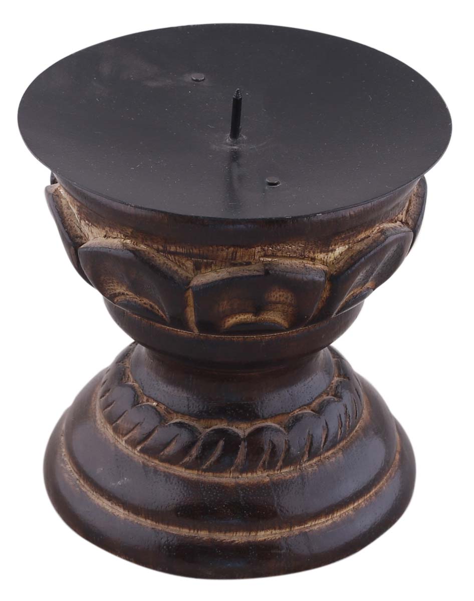 Bulk Wholesale Pillar Candle Holder in Wood – 4” Hand-Carved Tea-Light / Votive Stand in Burnished Finish – Colonial-World Inspired Home Décor from India