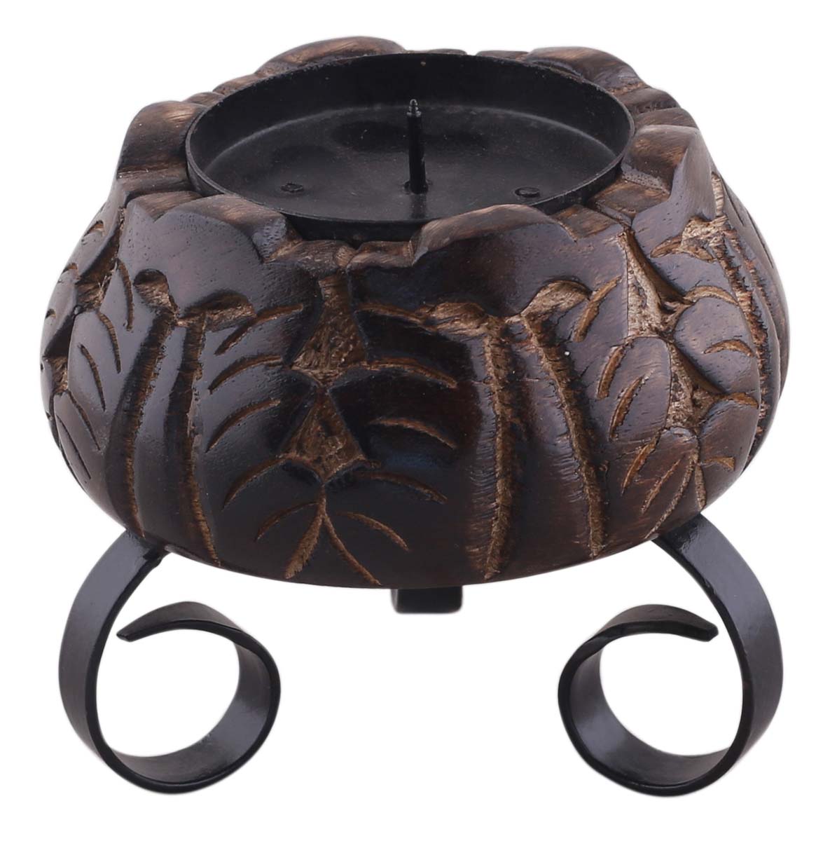 Bulk Wholesale Flower Candle Holder in Wood and Wrought Iron – 4” Hand-Carved Tea-Light / Votive Stand in Burnished Finish – Colonial-World Inspired Home Décor from India