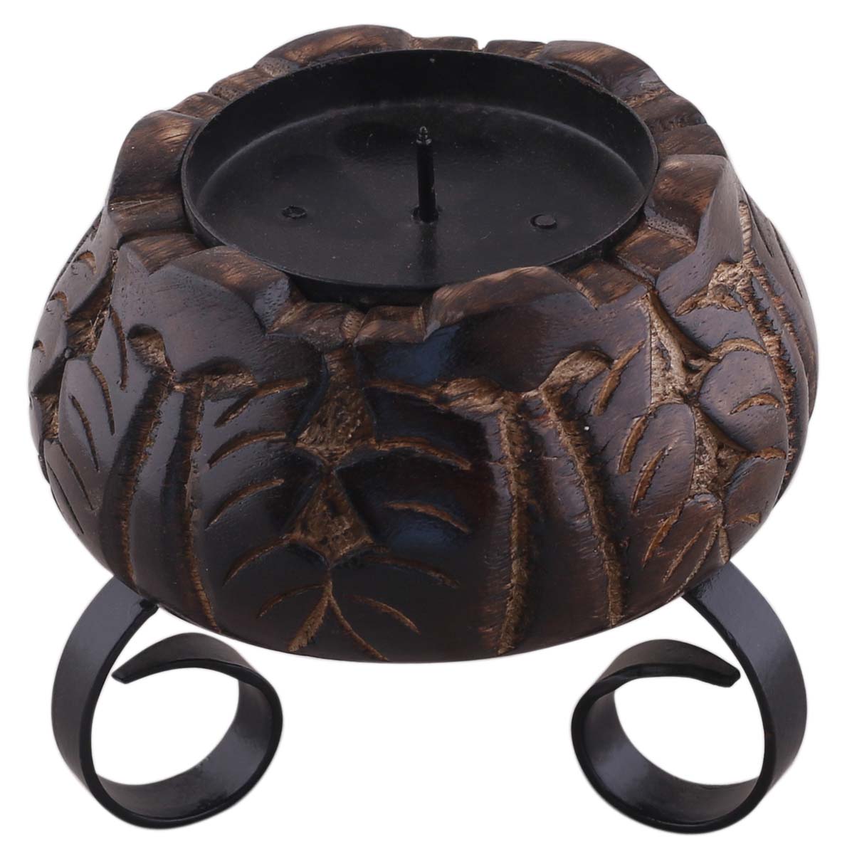 Bulk Wholesale Flower Candle Holder in Wood and Wrought Iron – 4” Hand-Carved Tea-Light / Votive Stand in Burnished Finish – Colonial-World Inspired Home Décor from India