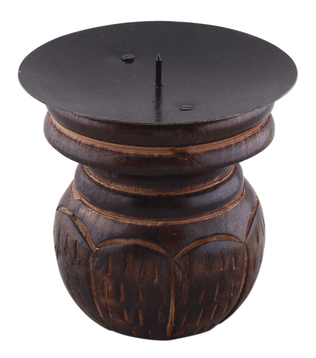 Bulk Wholesale Round Candle Holder in Wood – 4” Hand-Carved Tea-Light / Votive Stand in Burnished Finish – Colonial-World Inspired Home Décor from India