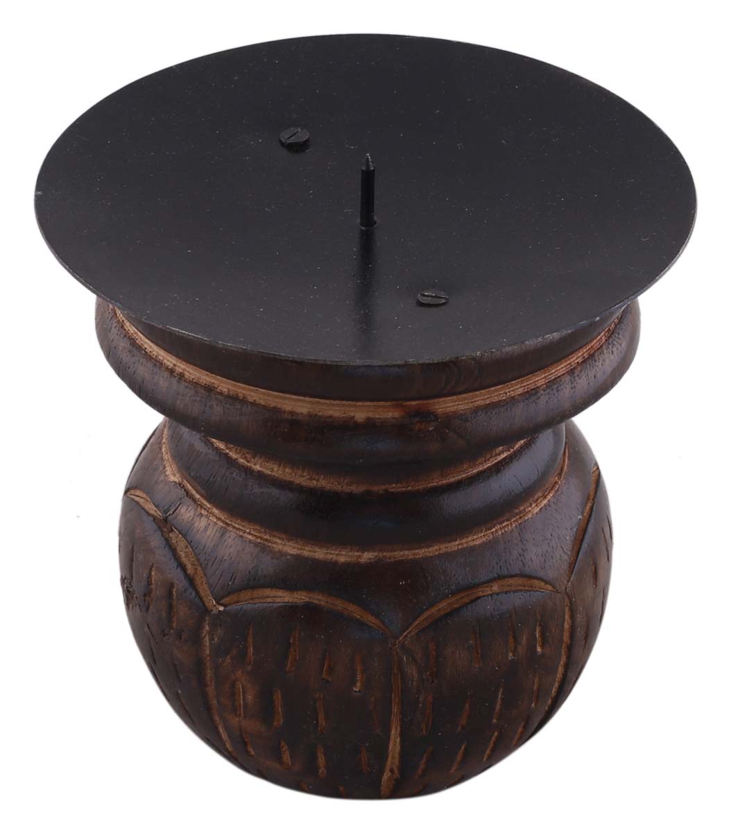Bulk Wholesale Round Candle Holder in Wood – 4” Hand-Carved Tea-Light / Votive Stand in Burnished Finish – Colonial-World Inspired Home Décor from India
