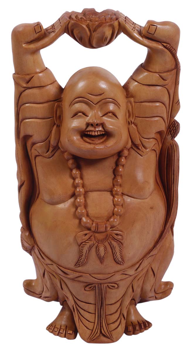 Bulk Wholesale Laughing Buddha Sculpture in Wood – 11.8” Hand-Carved Hotei Statue / Home Décor from India – Thoughtful Gifts from India