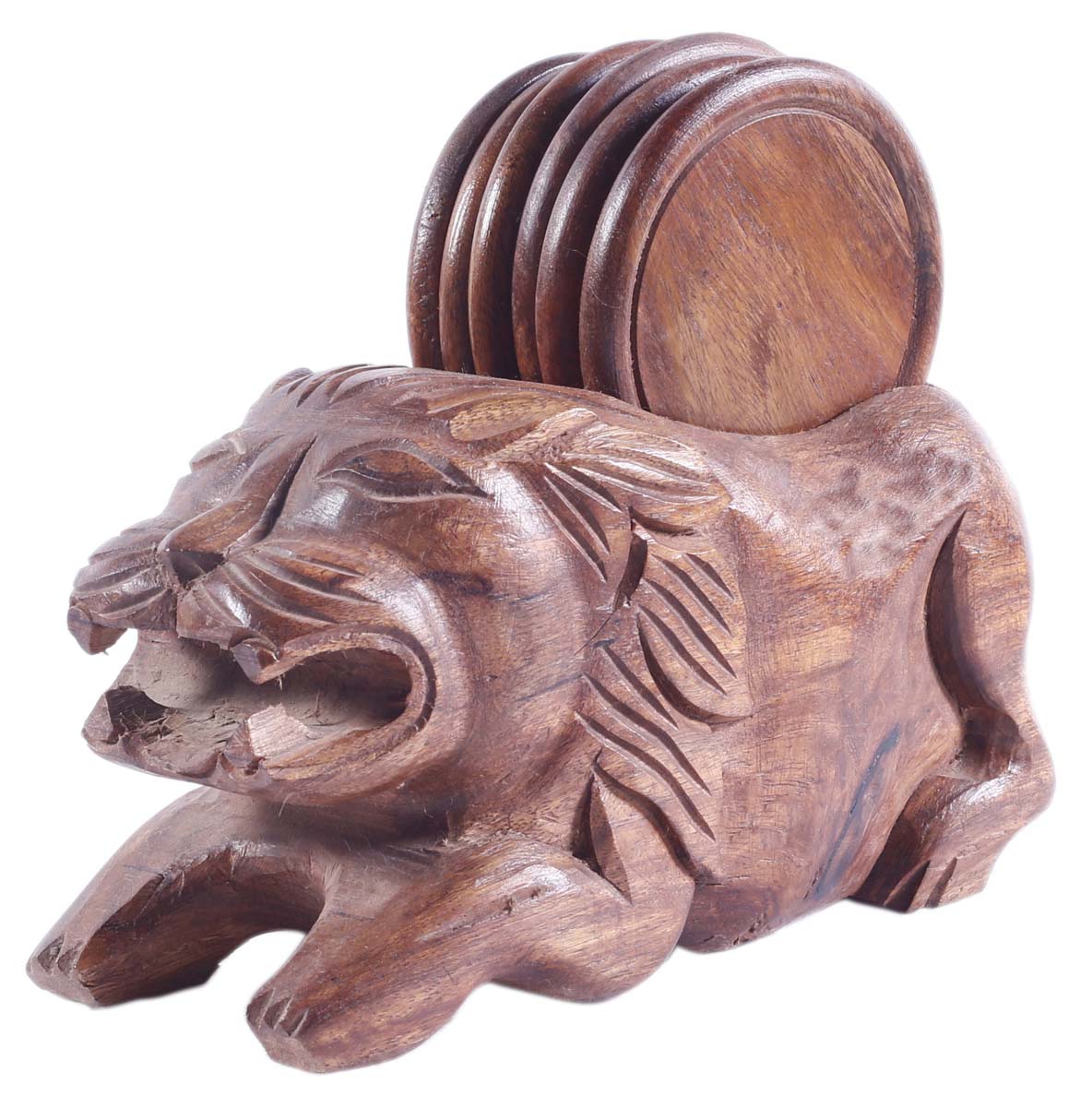Bulk Wholesale Coaster Set in wood - 5.5” Handcrafted 6 Coasters with Lion Holder - Antique-Look Dining/Kitchen Accessories from India