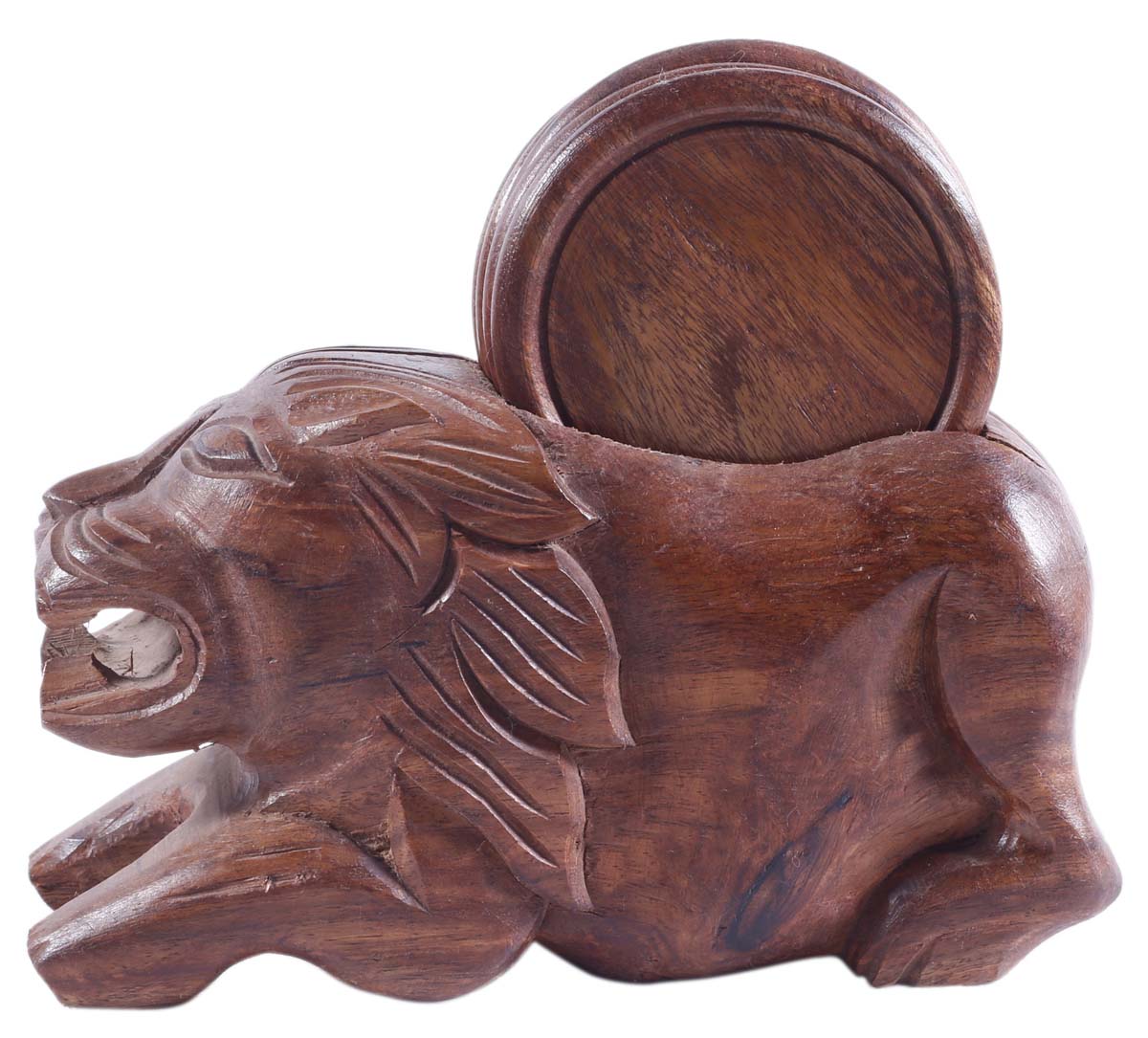 Bulk Wholesale Coaster Set in wood - 5.5” Handcrafted 6 Coasters with Lion Holder - Antique-Look Dining/Kitchen Accessories from India