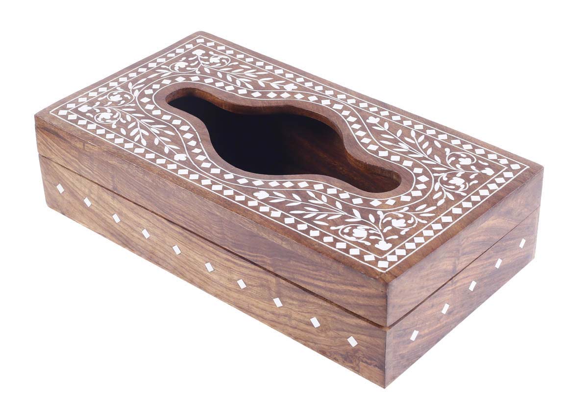 Bulk Wholesale Brown Tissue Box in Wood - 11” Handcrafted Large Napkin Holder Box with Acrylic Inlay - Antique-Look Dining/Kitchen Essentials from India - Home Decor