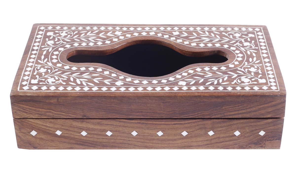 Bulk Wholesale Brown Tissue Box in Wood - 11” Handcrafted Large Napkin Holder Box with Acrylic Inlay - Antique-Look Dining/Kitchen Essentials from India - Home Decor