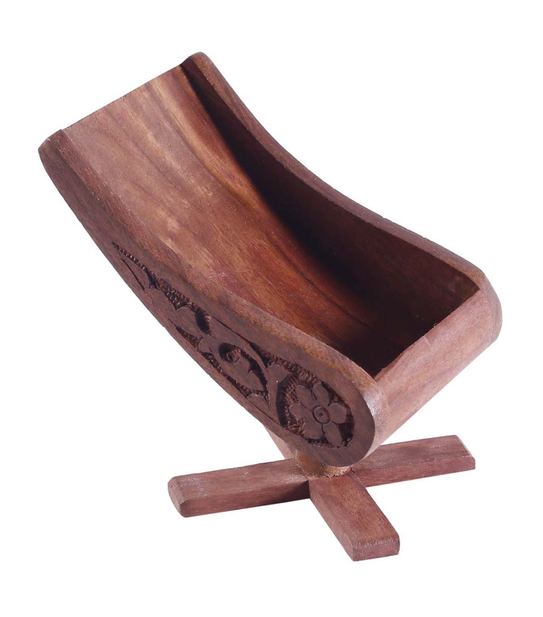 Bulk Wholesale Mobile Holder in Wood – 4” Handcrafted Chair-Shaped Mobile Stand with Floral Motif Carving – Unique Home Décor / Essentials from India