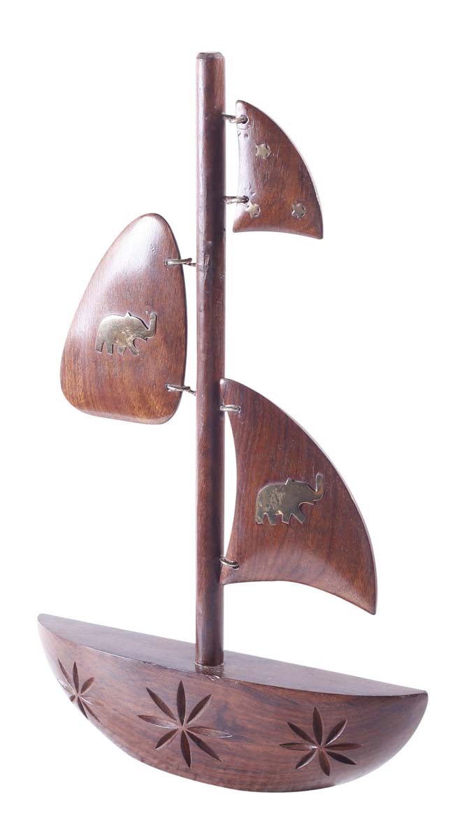 Bulk Wholesale Decorative Water-Boat in Wood – 12” Handcrafted Art-Piece with Brass Inlay in Elephant Motifs – Antique-Look Home Décor from India