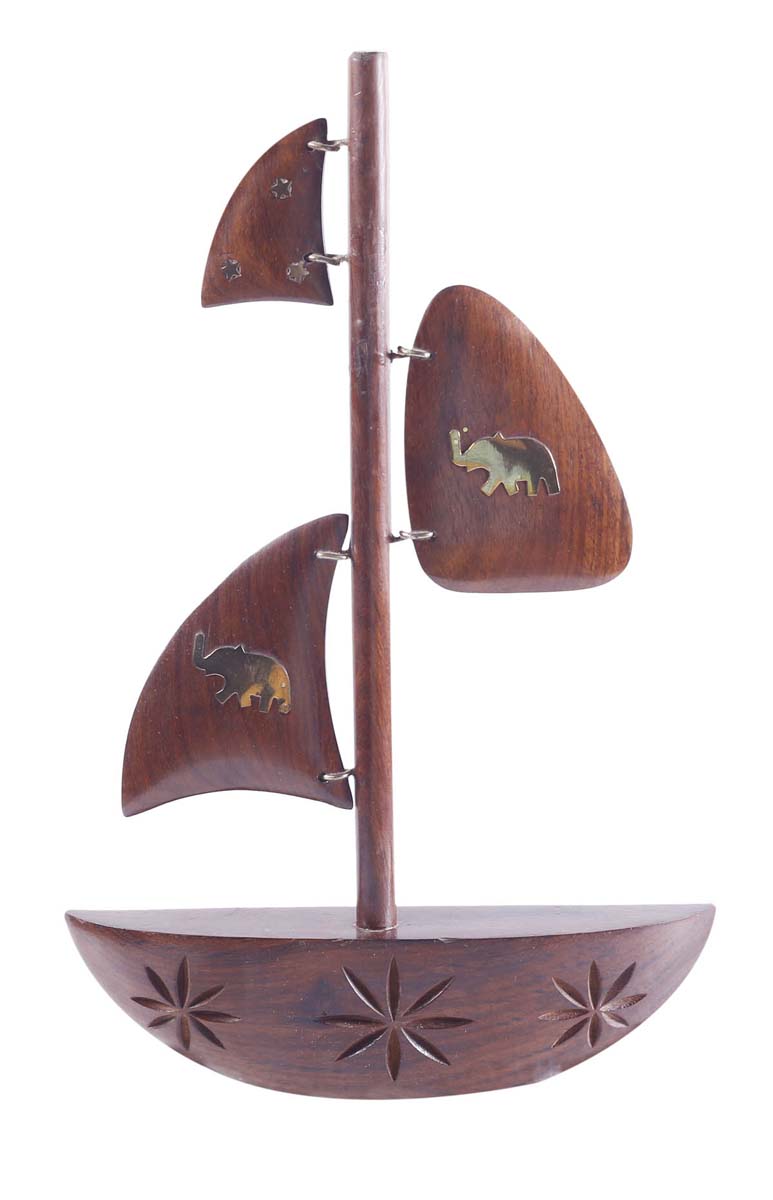 Bulk Wholesale Decorative Water-Boat in Wood – 12” Handcrafted Art-Piece with Brass Inlay in Elephant Motifs – Antique-Look Home Décor from India