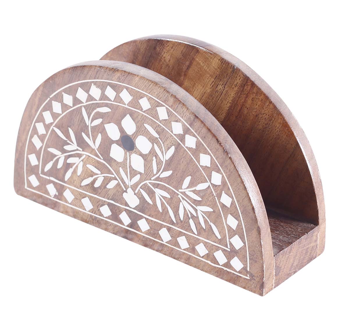 Wholesale Round Napkin Holder in Wood - 6” Handcrafted Tissue/Mail Holder with Acrylic Inlay - Ethnic-Look Desk /Kitchen/Dining Accessories from India