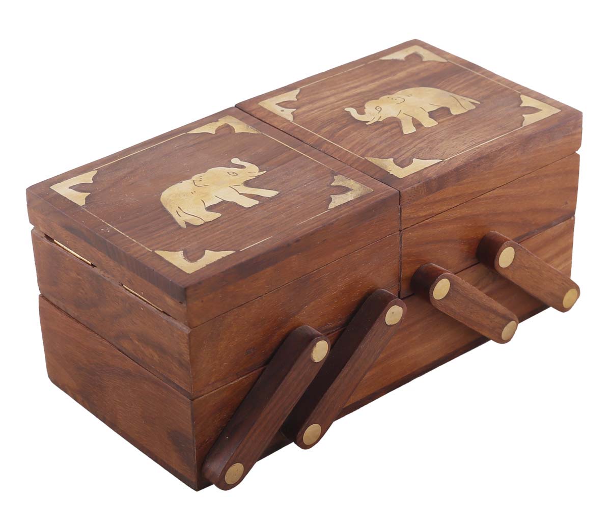 Source 8x5” Wooden Folding Jewelry Box in Bulk - Wholesale Hand-Carved 3 Drawer Jewelry Box/Trinket Box with Elephant Motifs in Brass Inlay from India