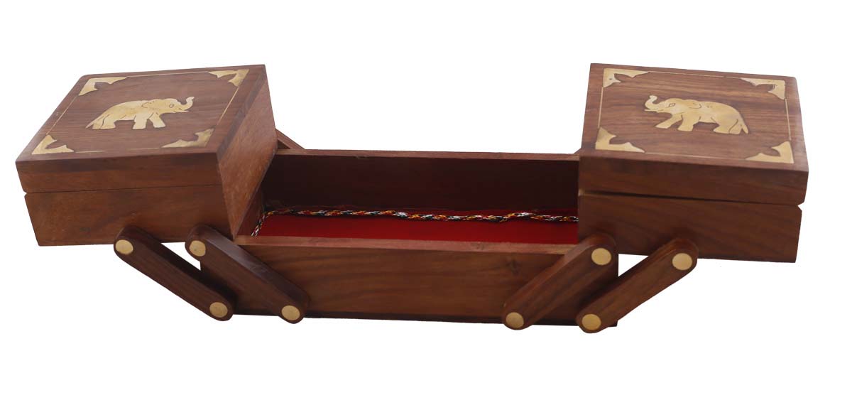 Source 8x5” Wooden Folding Jewelry Box in Bulk - Wholesale Hand-Carved 3 Drawer Jewelry Box/Trinket Box with Elephant Motifs in Brass Inlay from India