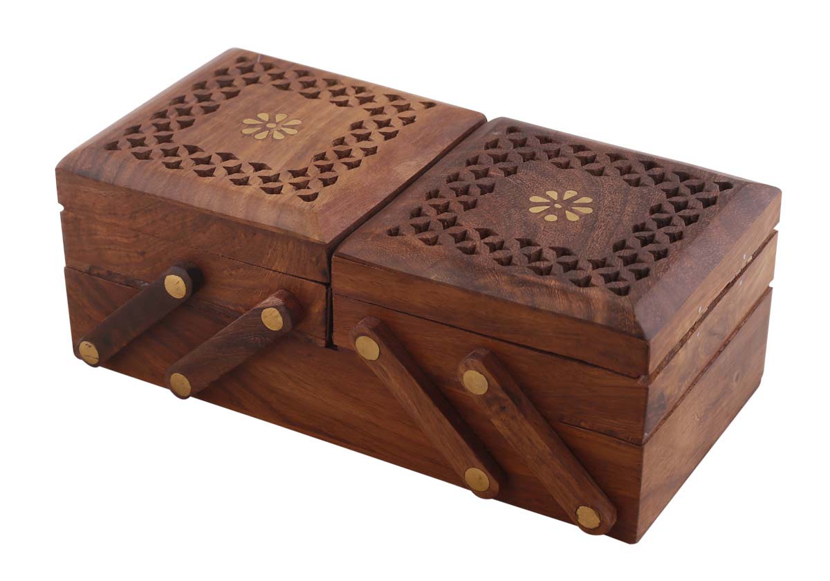 Wholesale 8x5” Wooden Folding Jewelry Box in Bulk - Handcrafted Wood 3 Drawer Jewelry Box/Trinket Box/Keepsake Box with Brass Inlay Motifs and Open-Work Carving from India
