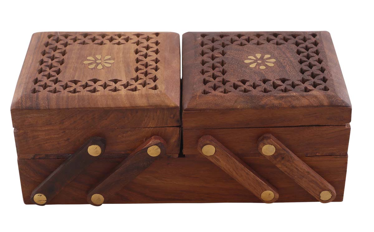 Wholesale 8x5” Wooden Folding Jewelry Box in Bulk - Handcrafted Wood 3 Drawer Jewelry Box/Trinket Box/Keepsake Box with Brass Inlay Motifs and Open-Work Carving from India
