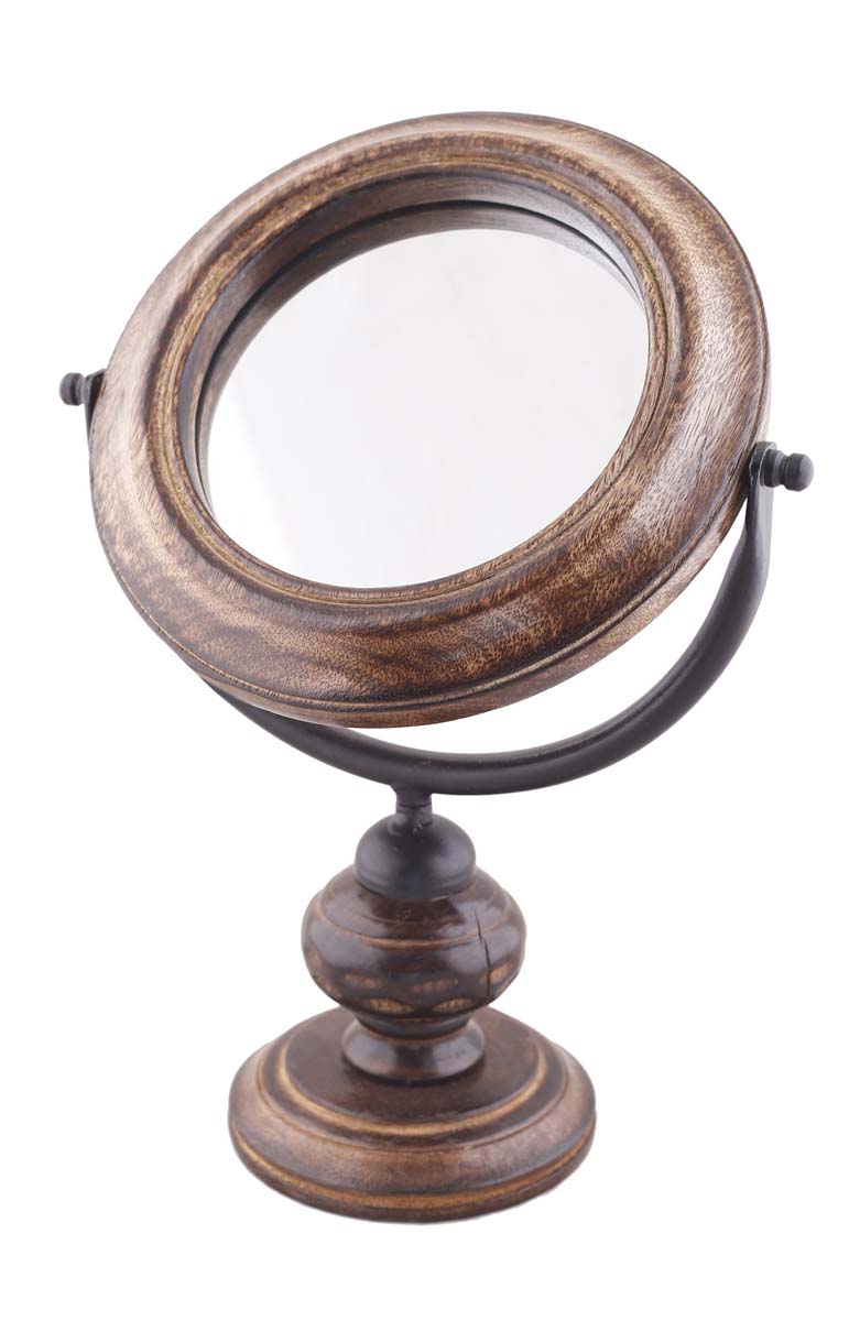 Wholesale Round Table Mirror with Wood Stand - Bulk Buy 13.2” Mirror with Handmade Antique-Look Wooden Stand - Home & Table Decor Mirrors from India