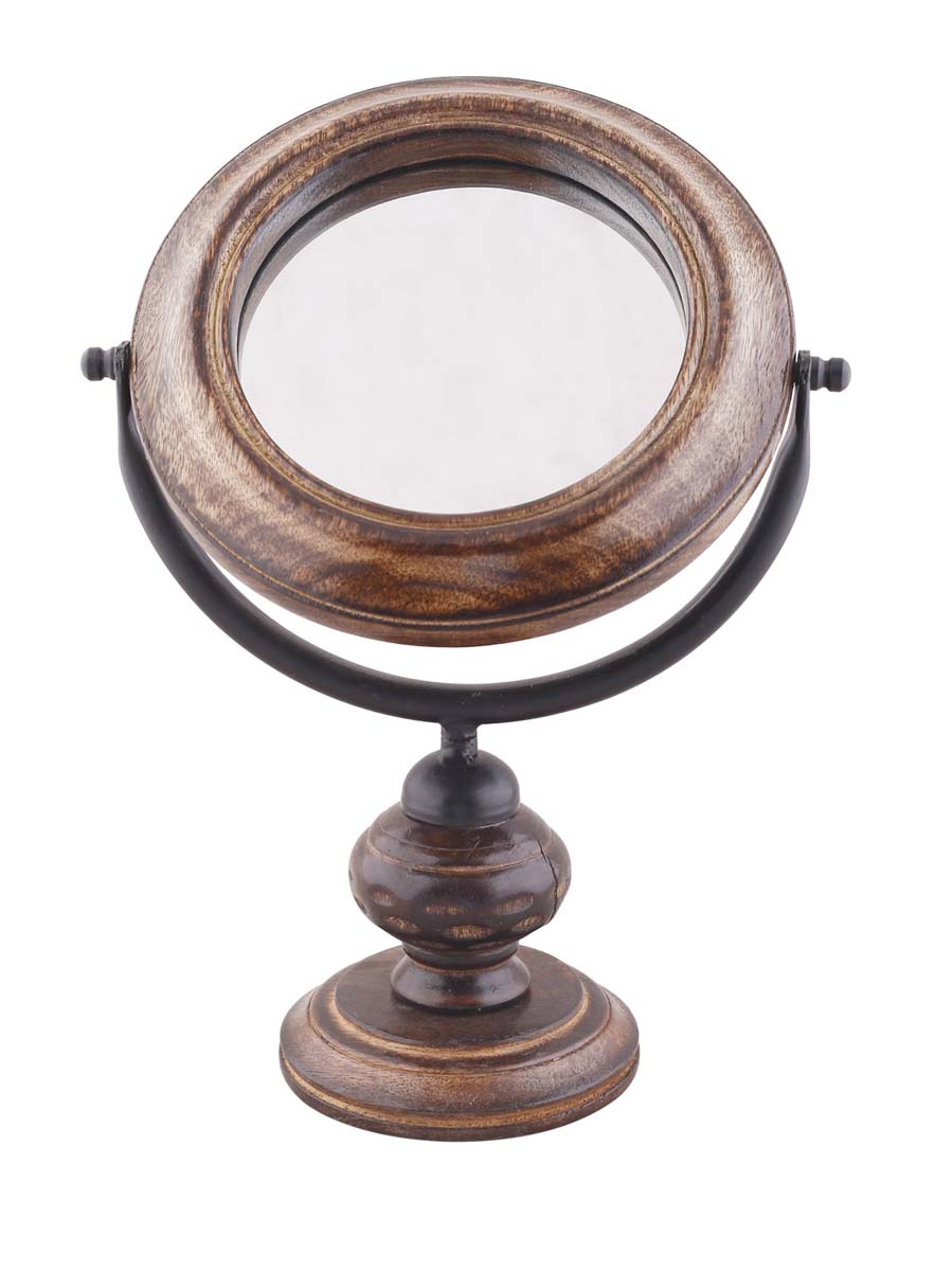 Wholesale Round Table Mirror with Wood Stand - Bulk Buy 13.2” Mirror with Handmade Antique-Look Wooden Stand - Home & Table Decor Mirrors from India