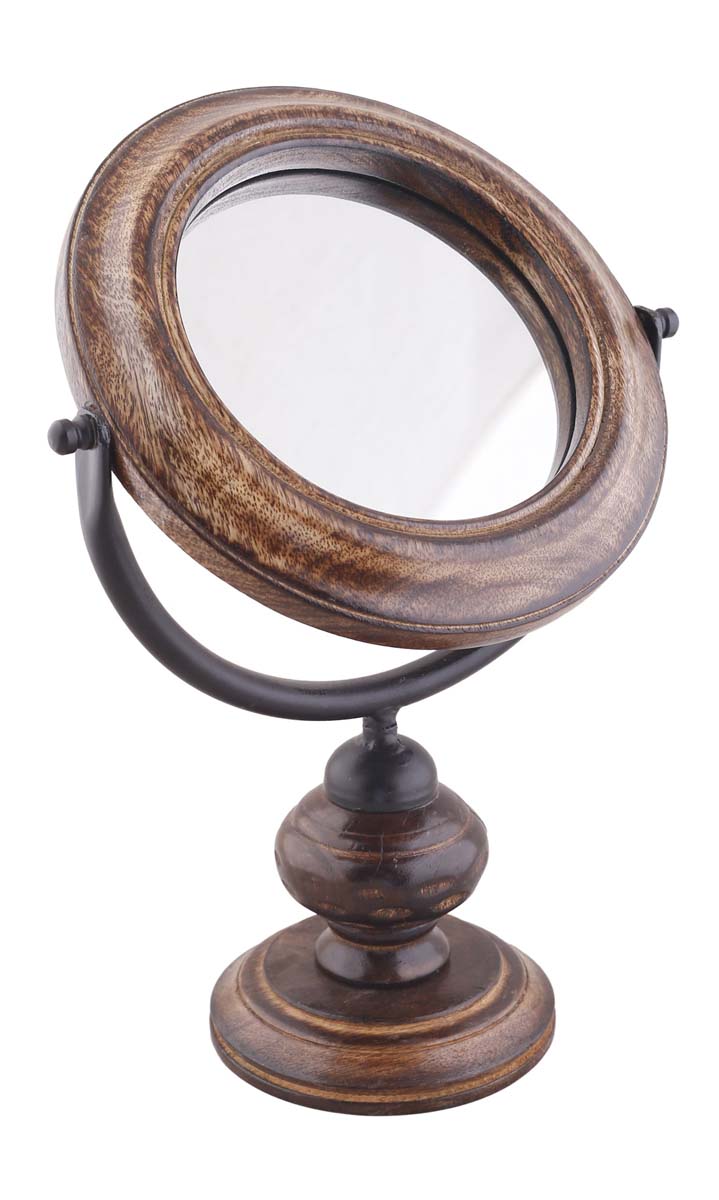 Wholesale Round Table Mirror with Wood Stand - Bulk Buy 13.2” Mirror with Handmade Antique-Look Wooden Stand - Home & Table Decor Mirrors from India