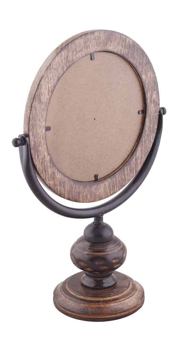 Wholesale Round Table Mirror with Wood Stand - Bulk Buy 13.2” Mirror with Handmade Antique-Look Wooden Stand - Home & Table Decor Mirrors from India