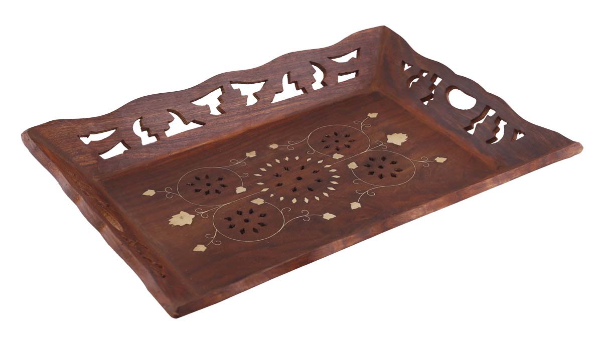 Bulk Wholesale Serving Tray in wood - 13” Handcrafted Rectangular Tray with Open-Work Carving & Golden Motifs in Brass Inlay - Antique-Look Kitchen/Dining Essentials from India