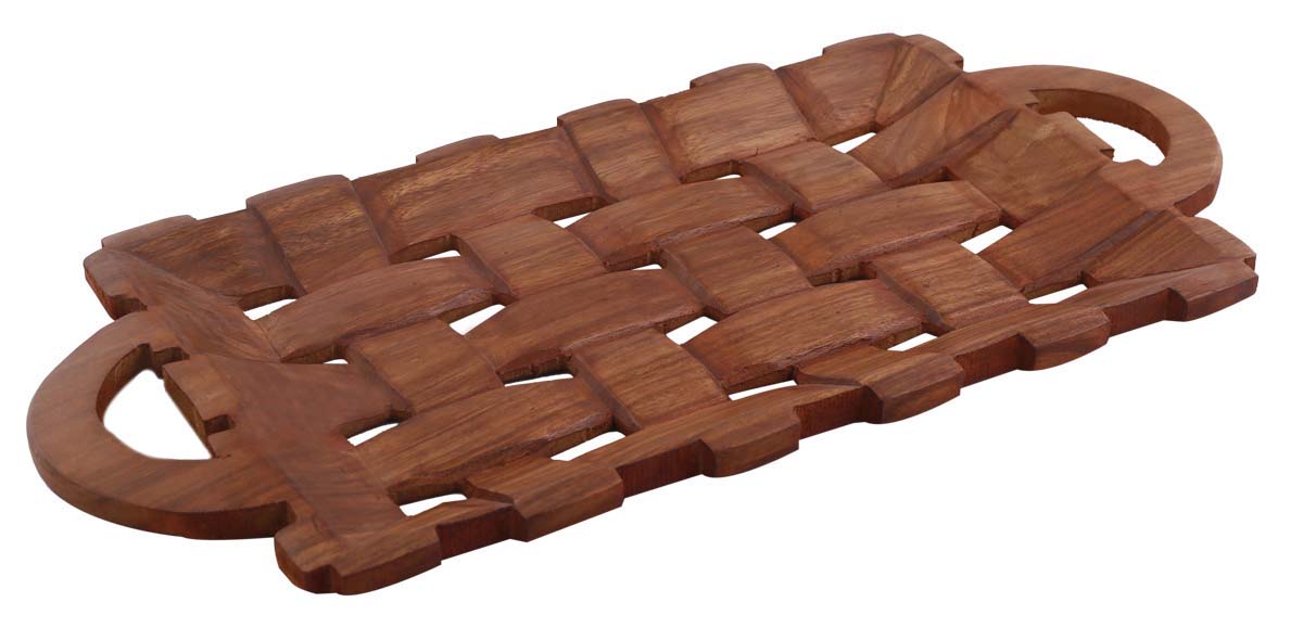 Bulk Wholesale Decorative Tray in wood - 18” Hand-Carved Rectangular Tray with ‘Warps & Wefts’ Pattern & Handles - Rustic-Look Home Decor from India