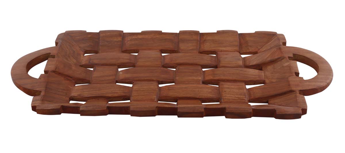 Bulk Wholesale Decorative Tray in wood - 18” Hand-Carved Rectangular Tray with ‘Warps & Wefts’ Pattern & Handles - Rustic-Look Home Decor from India