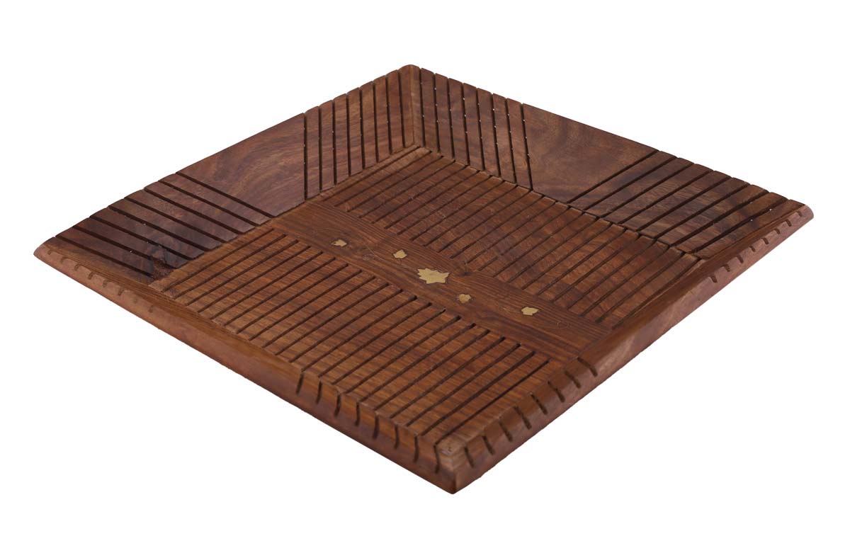 Bulk Wholesale Serving Tray in Wood - 11” Hand-Carved Square Tray with Floral Motifs in Brass Inlay - Dining & Kitchen Accessories from India