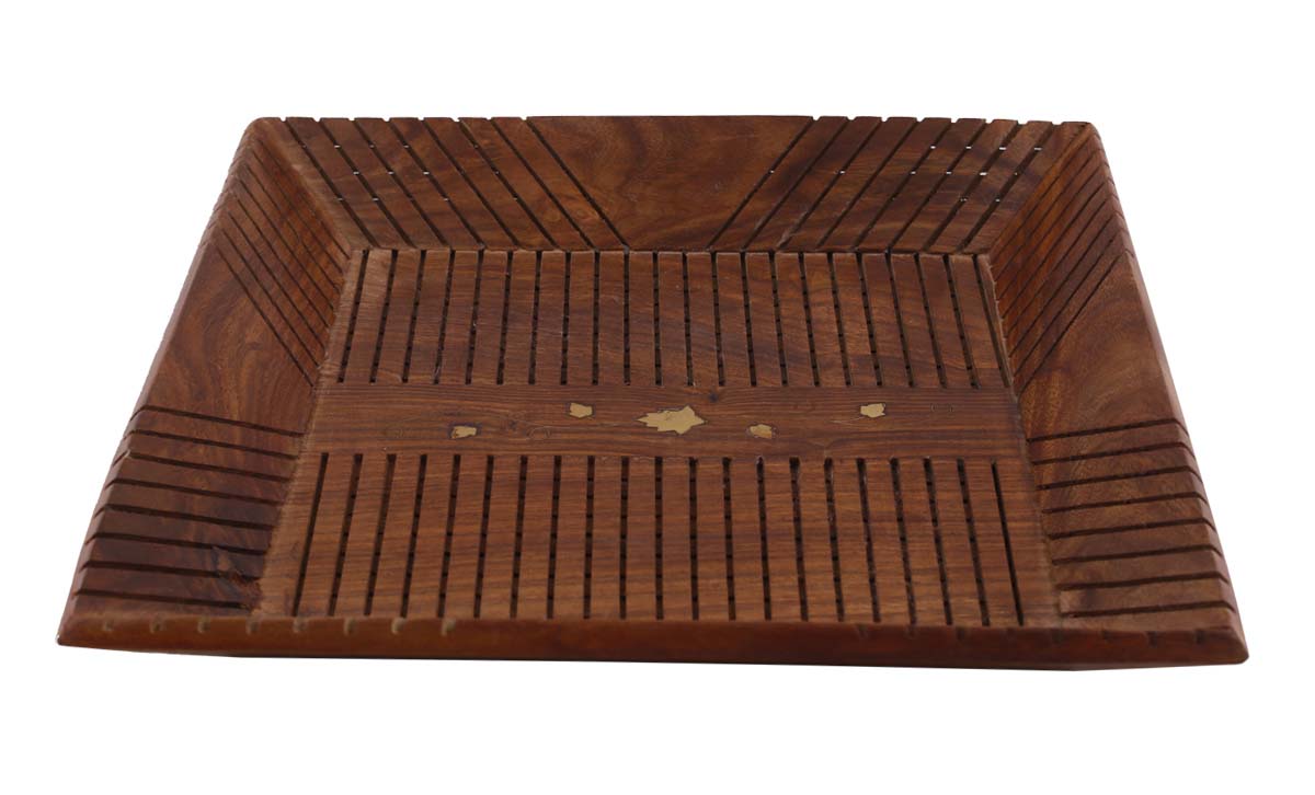 Bulk Wholesale Serving Tray in Wood - 11” Hand-Carved Square Tray with Floral Motifs in Brass Inlay - Dining & Kitchen Accessories from India