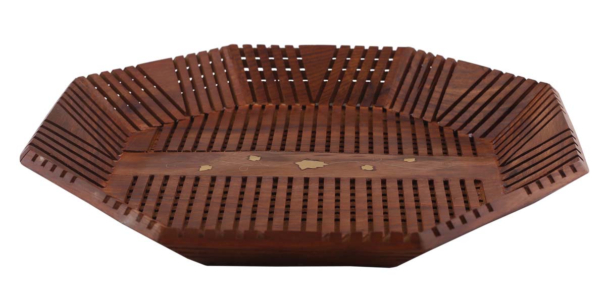Wholesale Serving Tray in Wood - 12.8” Hand-Carved Octagonal Tray with Floral Motifs in Brass Inlay - Dining & Kitchen Accessories from India