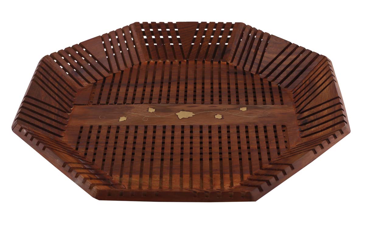 Wholesale Serving Tray in Wood - 12.8” Hand-Carved Octagonal Tray with Floral Motifs in Brass Inlay - Dining & Kitchen Accessories from India