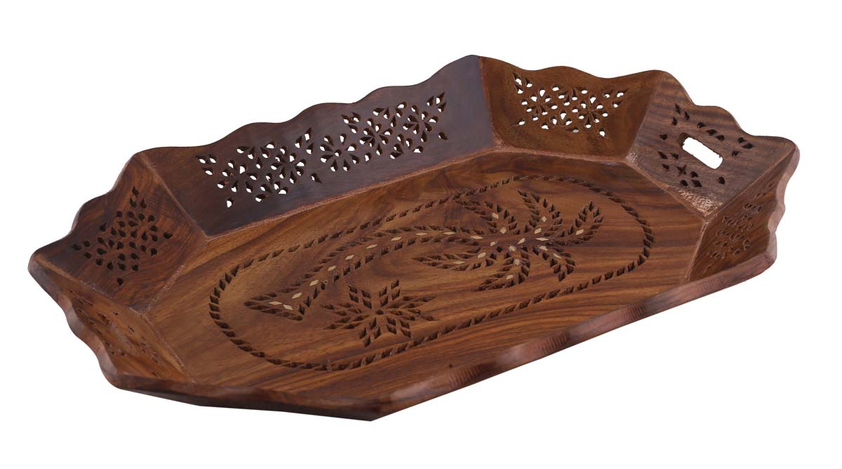 Bulk Wholesale Serving Tray in Wood - 15” Handcrafted Octagonal Tray with Open-Work Carving & Golden Motifs in Brass Inlay - Antique-Look Kitchen/Dining Essentials from India