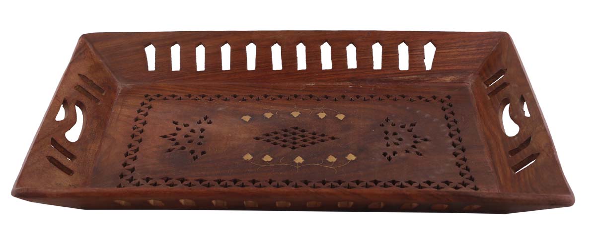 Bulk Wholesale Serving Tray in Wood - 14.8” Handcrafted Rectangular Tray with Open-Work Carving & Golden Motifs in Brass Inlay - Antique-Look Kitchen/Dining Essentials from India