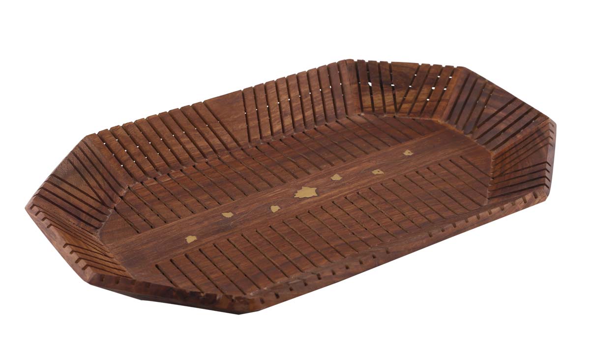 Bulk Wholesale Serving Tray in Wood - 14” Hand-Carved Rectangular Tray with Floral Motifs in Brass Inlay - Dining & Kitchen Accessories from India