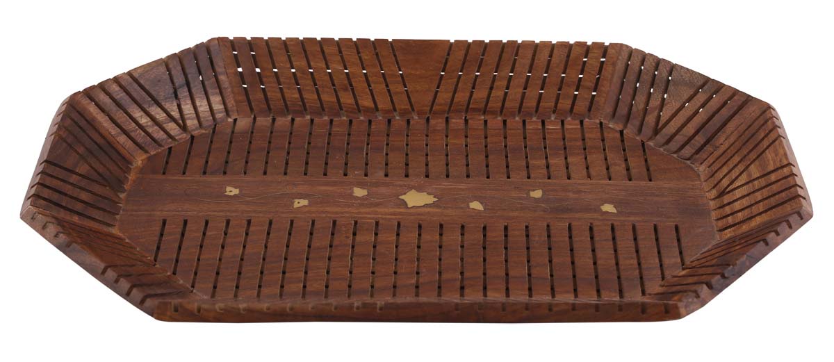 Bulk Wholesale Serving Tray in Wood - 14” Hand-Carved Rectangular Tray with Floral Motifs in Brass Inlay - Dining & Kitchen Accessories from India