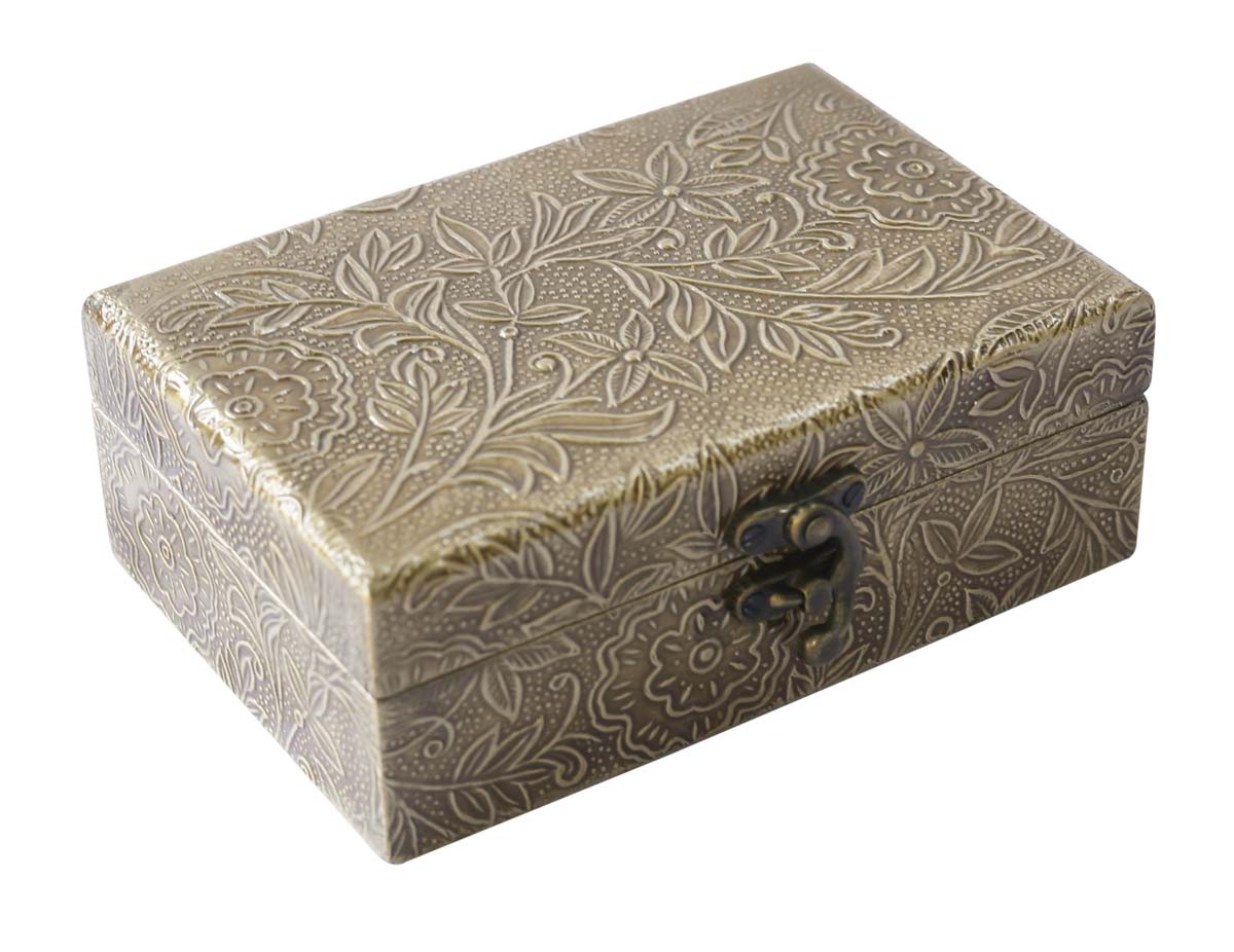 Wholesale 6x4” Wooden Jewelry Box in Bulk - Source Handmade Dull-Golden Jewelry Box/Trinket Box with Metal Embossing from India