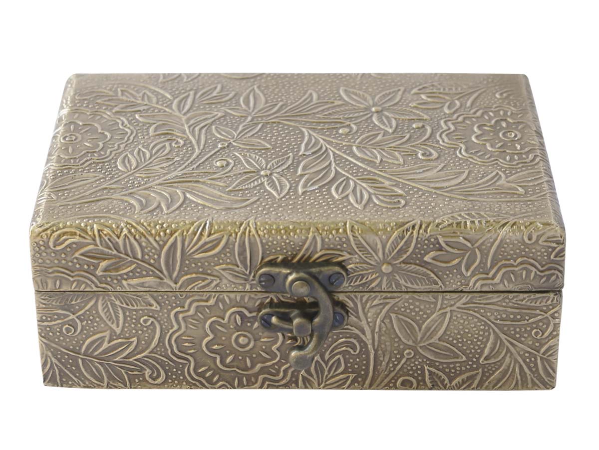 Wholesale 6x4” Wooden Jewelry Box in Bulk - Source Handmade Dull-Golden Jewelry Box/Trinket Box with Metal Embossing from India
