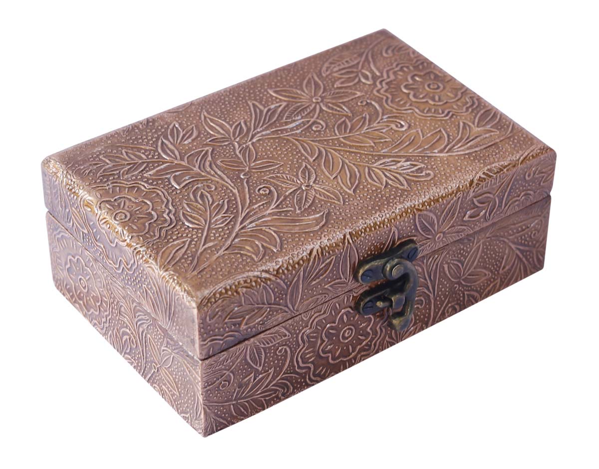 6x4” Wooden Jewelry Box in Bulk - Wholesale Hand-Carved Light-Copper Colored Jewelry Box/Trinket Box with Metal Embossing from India