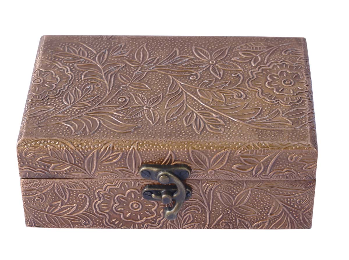 6x4” Wooden Jewelry Box in Bulk - Wholesale Hand-Carved Light-Copper Colored Jewelry Box/Trinket Box with Metal Embossing from India