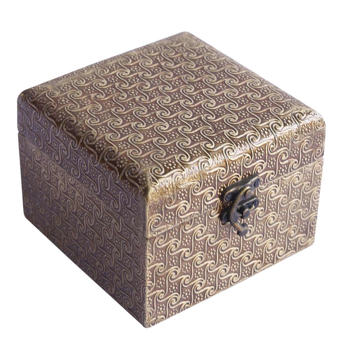 Bulk Buy Square 4.5” Wooden Jewelry Box - Wholesale Hand-Carved Dull-Golden Jewelry Box/Trinket Box with Metal Embossing from India