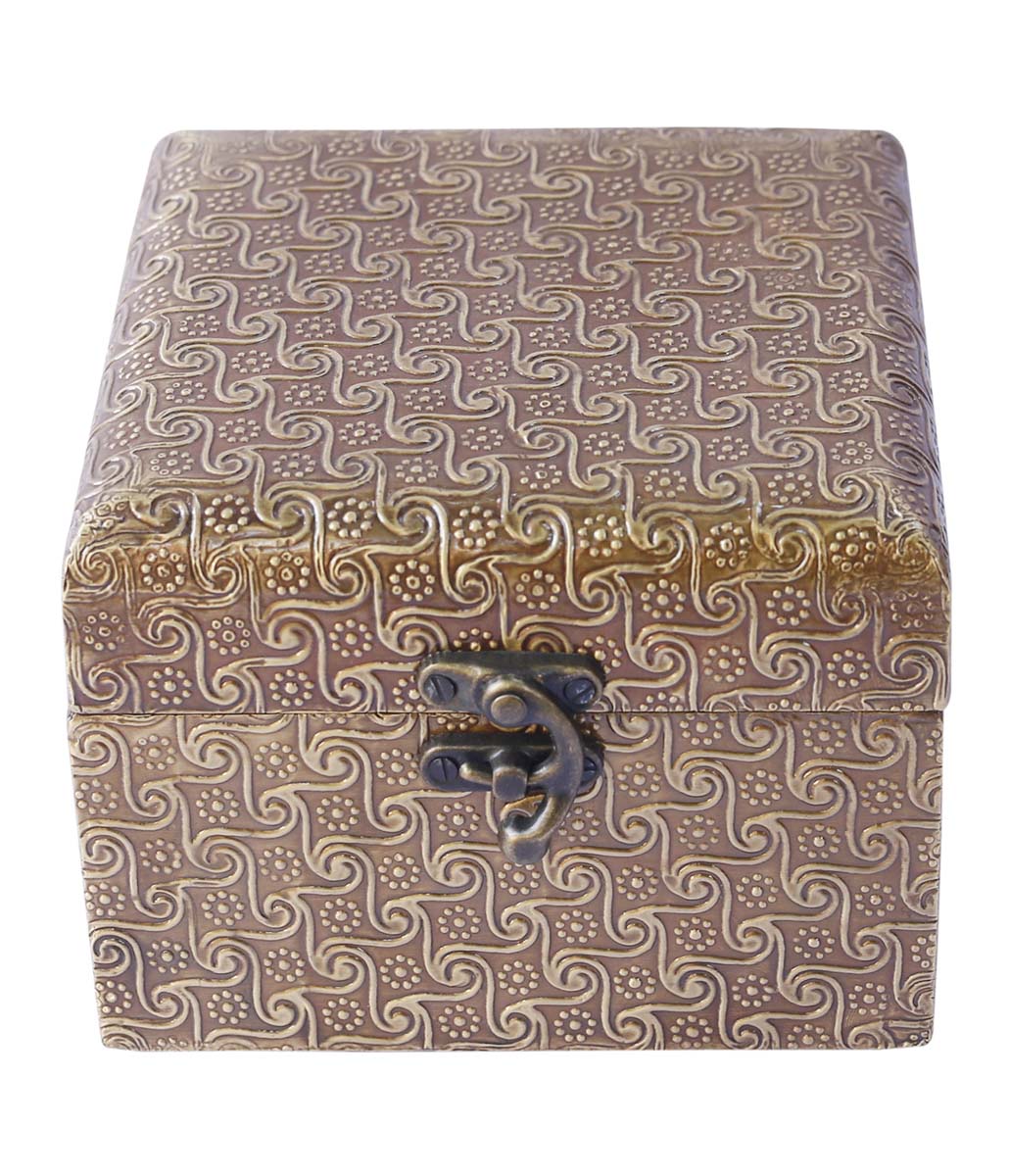 Bulk Buy Square 4.5” Wooden Jewelry Box - Wholesale Hand-Carved Dull-Golden Jewelry Box/Trinket Box with Metal Embossing from India