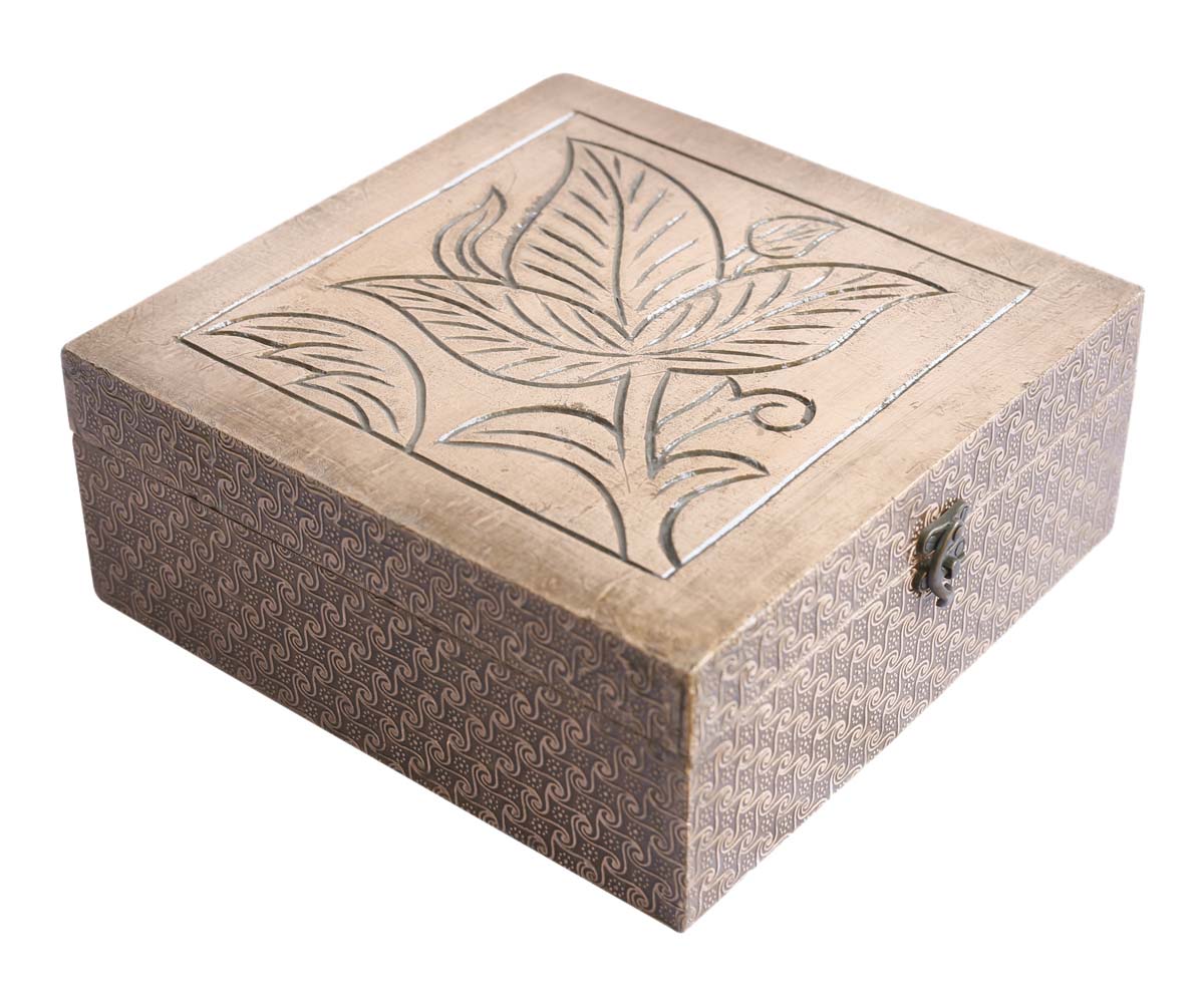 Square 10” Wooden Jewelry Box in Bulk - Wholesale Hand-Carved Dull-Golden Jewelry Box/Trinket Box with Metal Embossing from India
