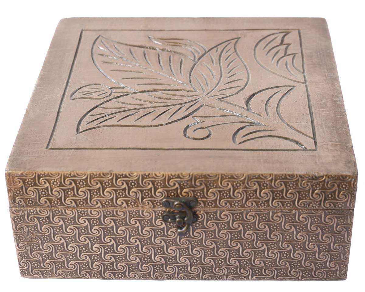 Square 10” Wooden Jewelry Box in Bulk - Wholesale Hand-Carved Dull-Golden Jewelry Box/Trinket Box with Metal Embossing from India